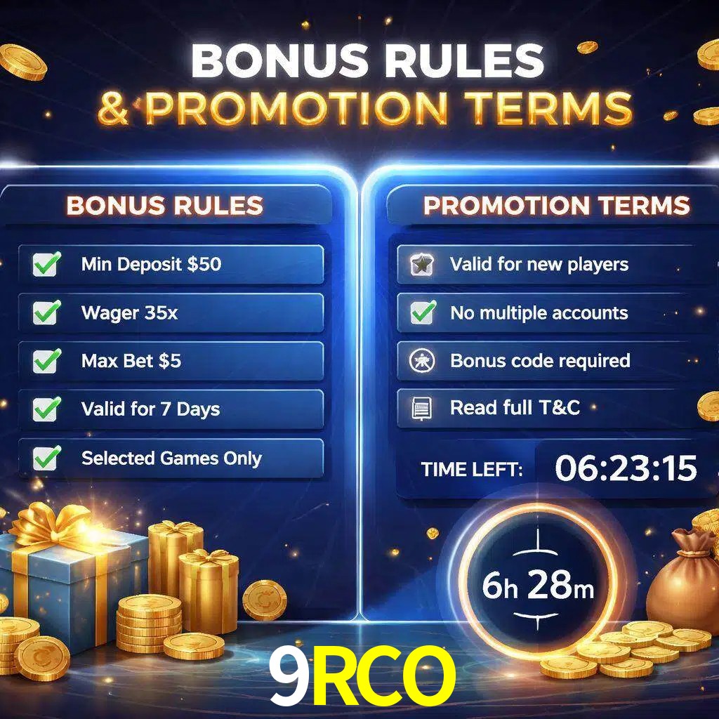 Reglas de promoción 9RCO y condiciones de bonos explicadas visualmente