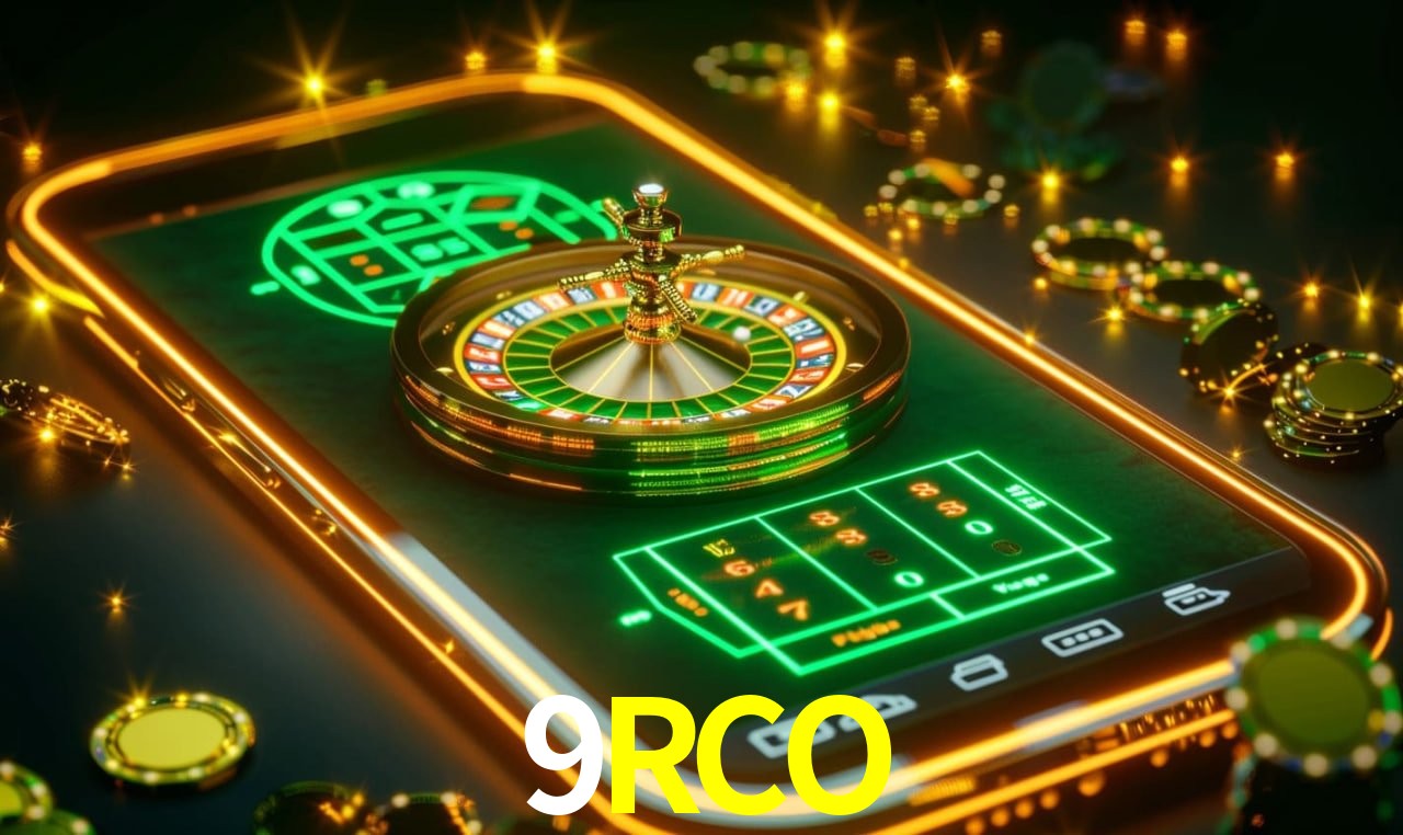 Escena dinámica inspirada en casino con iluminación 9RCO, cartas, fichas e íconos de juegos digitales en un espacio moderno de juegos.
