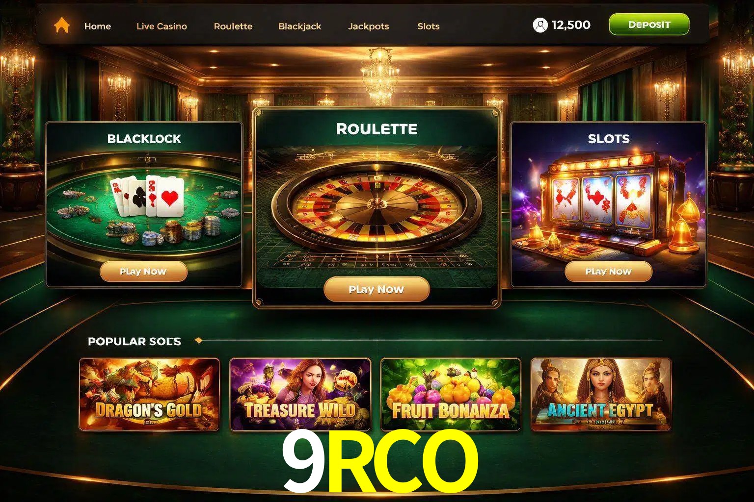 Vista de la plataforma 9RCO Casino mostrando categorías organizadas de juegos en línea