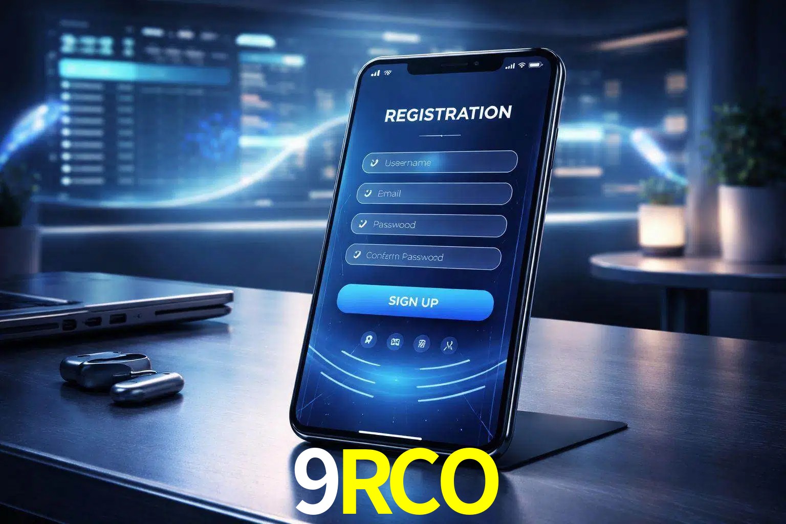 Una interfaz moderna de registro móvil para 9RCO mostrada en un smartphone con un panel de apuestas elegante.